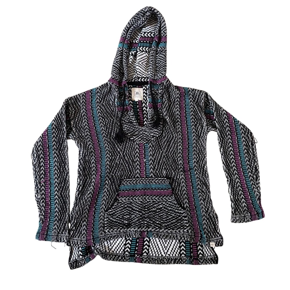 Rip Curl‎ Mens L Baja Hoodie Striped Knit Pullover Black Teal Purple Mexican